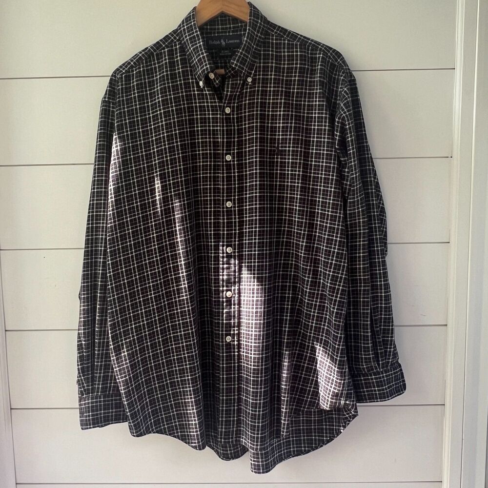 Ralph Lauren Black & White Plaid Blake Button Down 100% Cotton Mens Large